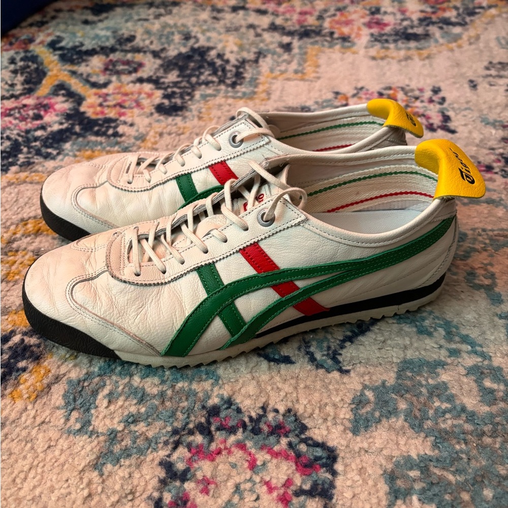 Onitsuka Tiger by Asics White Sneakers with Green and Red Stripes